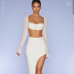 COPY - OhPolly Embellished Maxi skirt & Cowl Neck Crop Top in Ivory